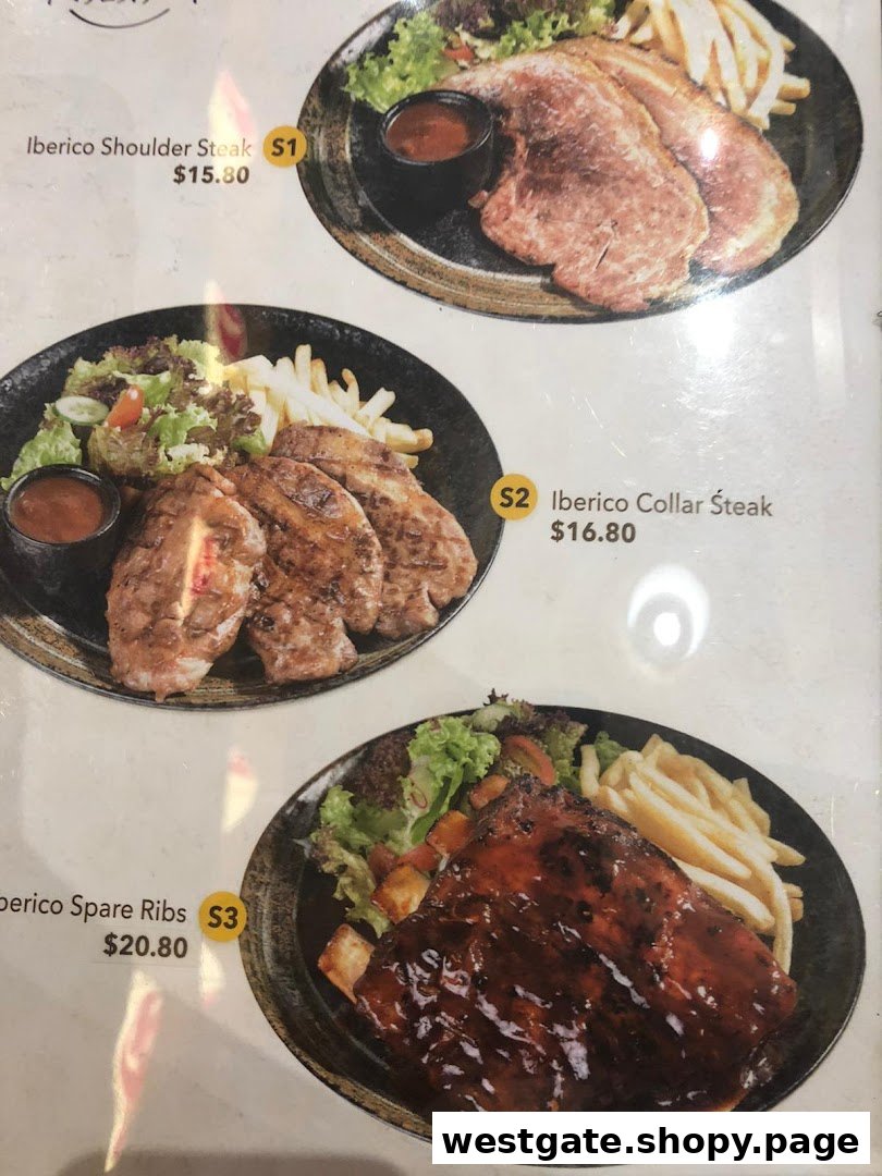 A menu displaying various Iberico pork dishes with their prices and accompanying sides.