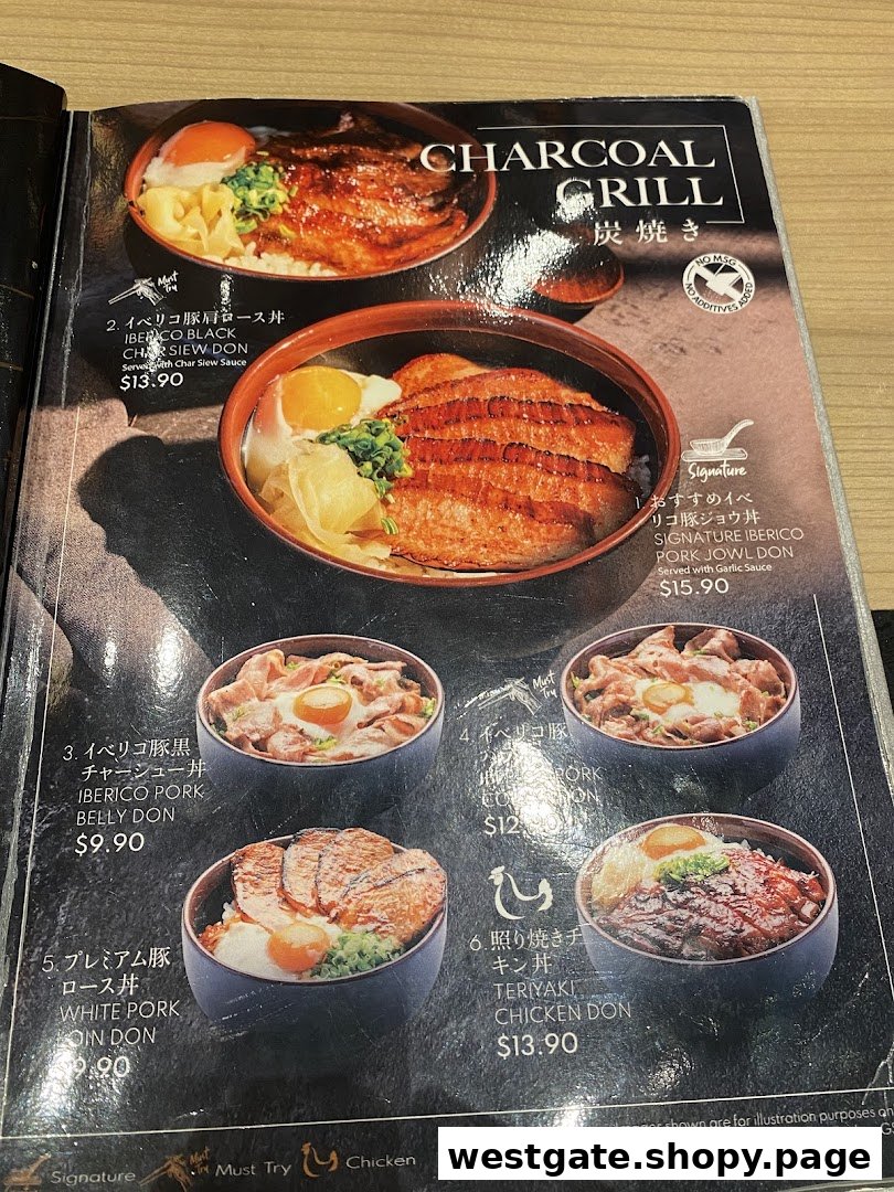 A detailed menu page showcasing various charcoal-grilled pork and chicken donburi dishes with prices.
