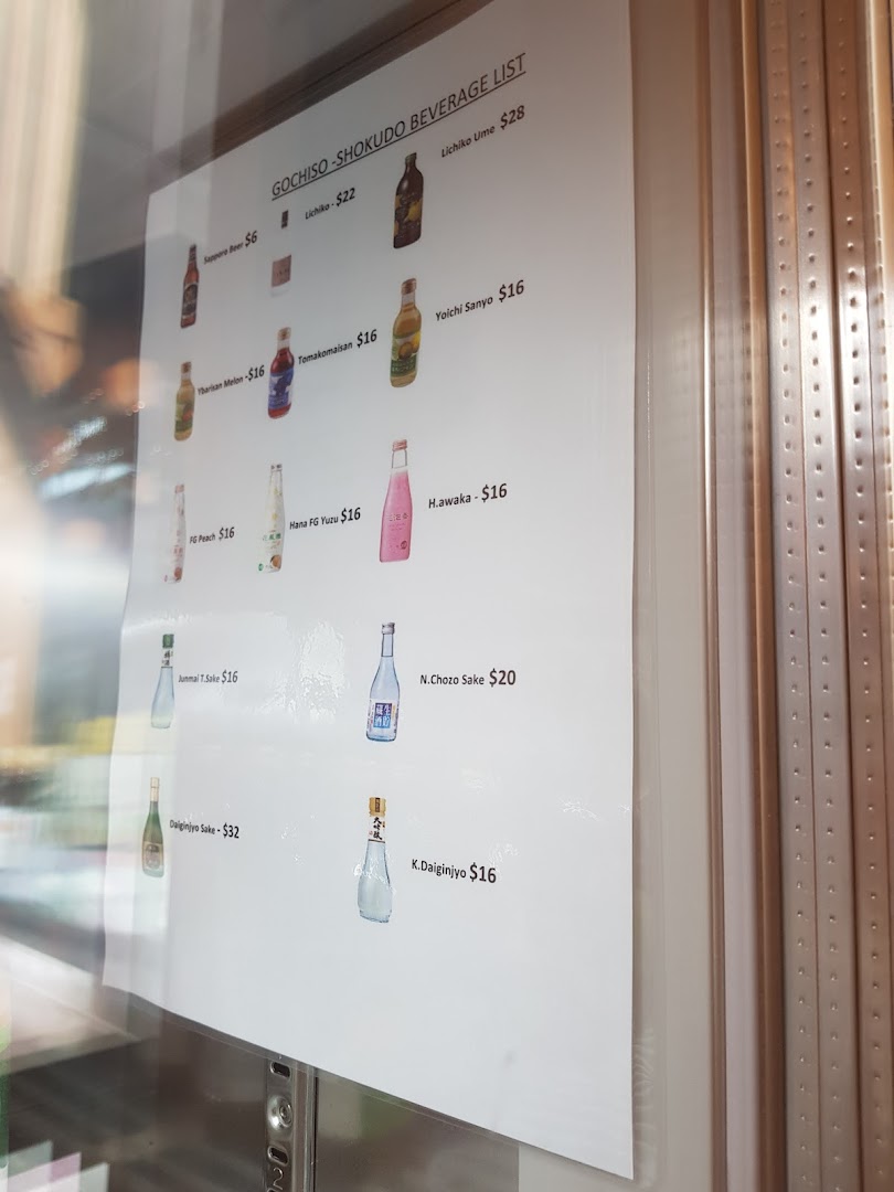 A beverage list from Gochi-So Shokudo, featuring various Japanese drinks and their prices.