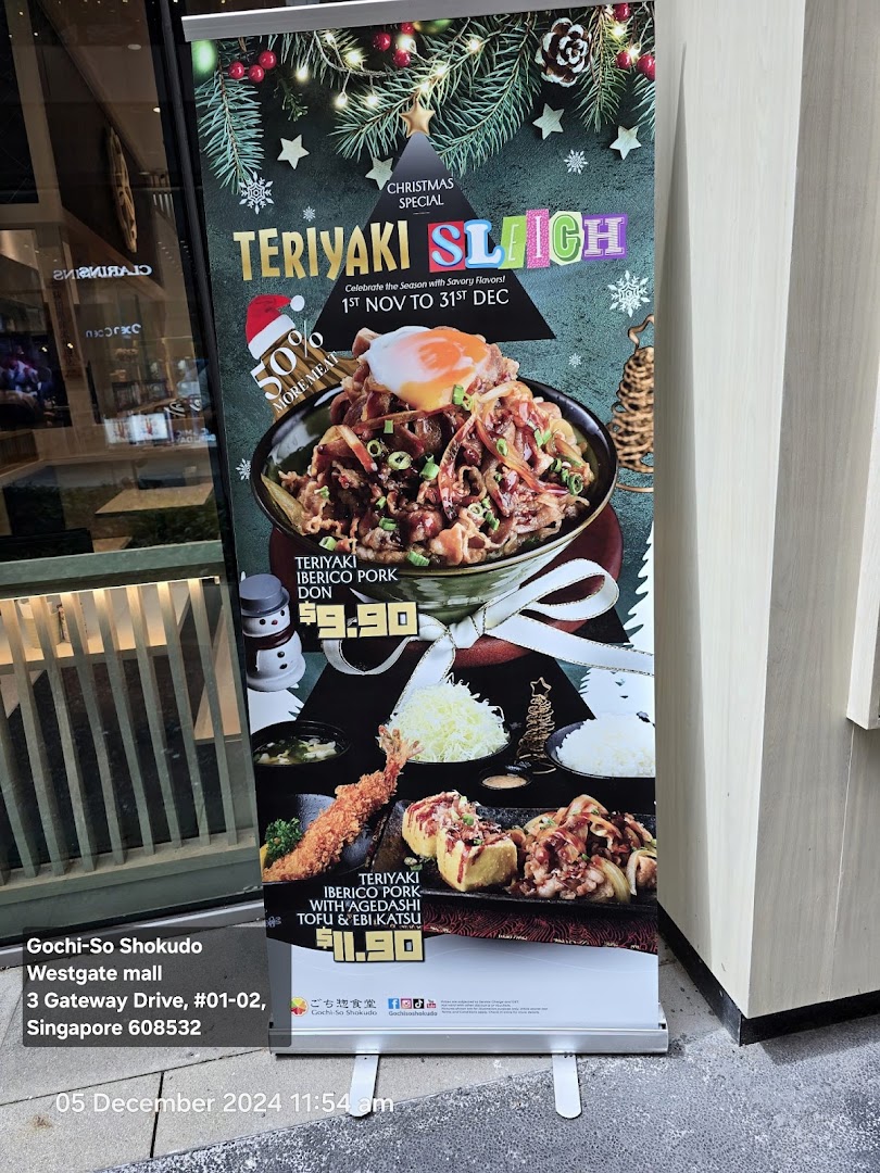 A festive Christmas special promotional banner for Gochi-So Shokudo featuring Teriyaki Iberico Pork dishes.