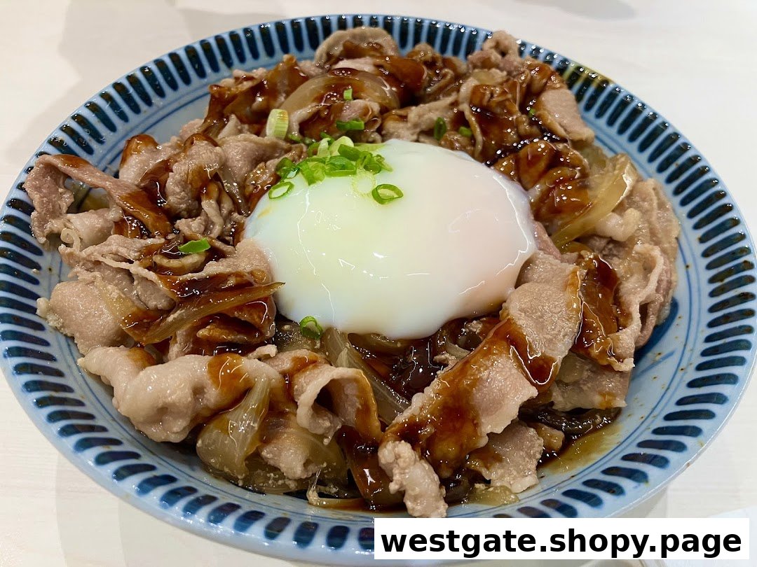 A close-up of a Japanese rice bowl with tender sliced pork, sweet onions, and a creamy poached egg.