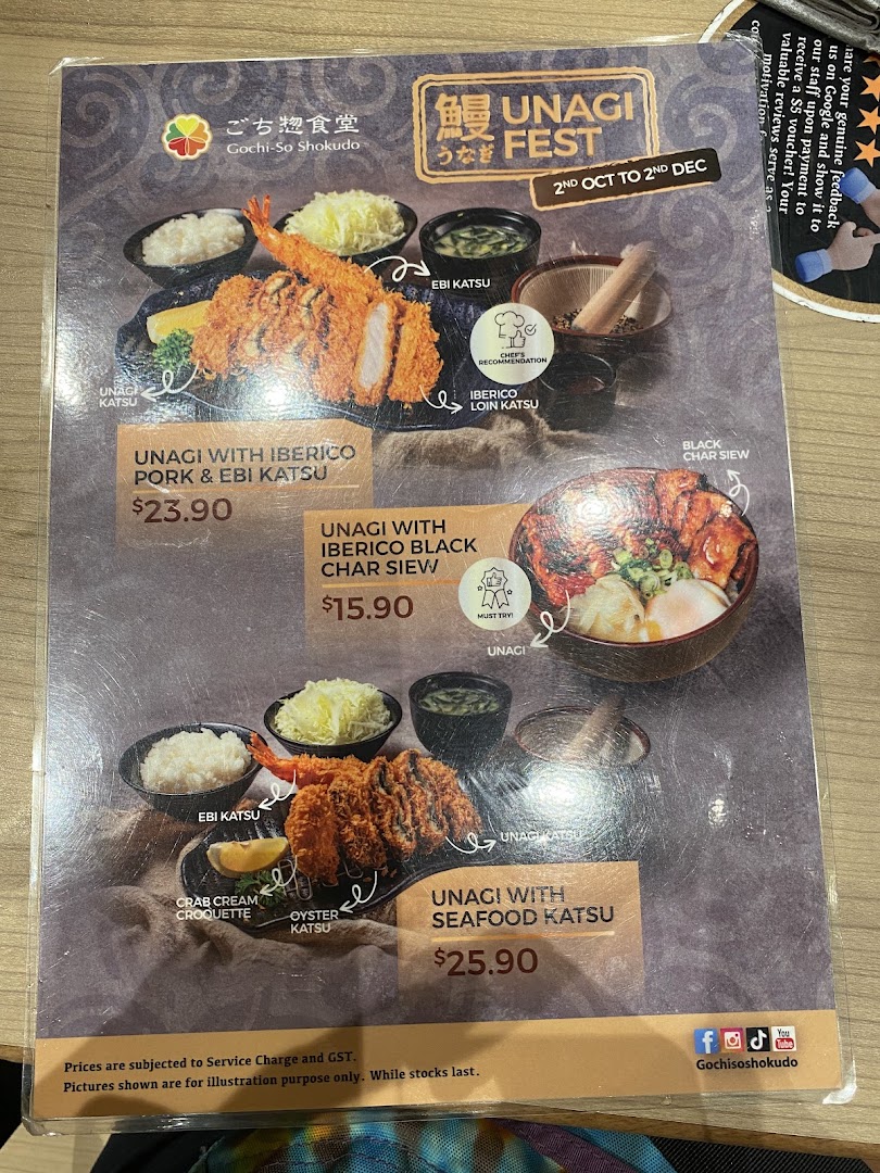A menu displaying special Unagi Fest dishes with prices and descriptions from Gochi-So Shokudo.