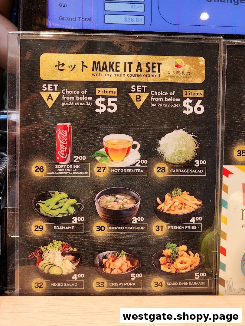 A menu board displaying 'Make It A Set' options with various side dishes and drinks.