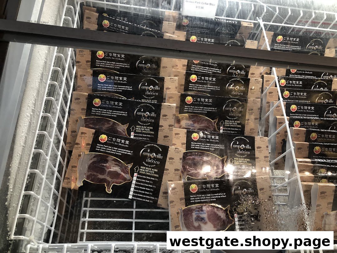 A freezer display showcasing various packaged Iberico pork products from Gochi-So Shokudo.