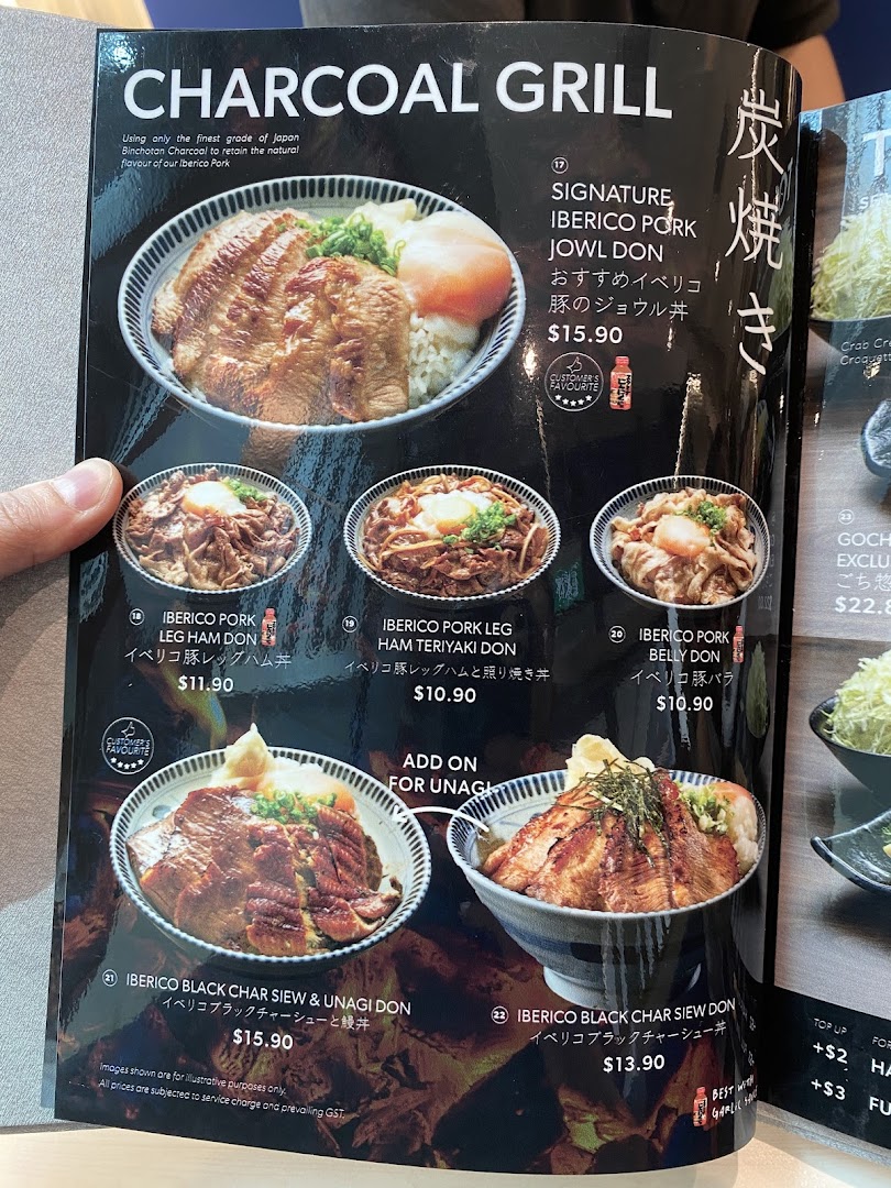 A menu page showcasing various charcoal-grilled Iberico pork donburi dishes with prices and descriptions.