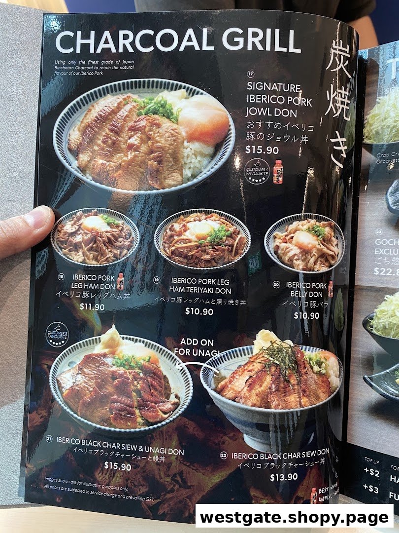 A menu page showcasing various charcoal-grilled Iberico pork donburi dishes with prices and descriptions.