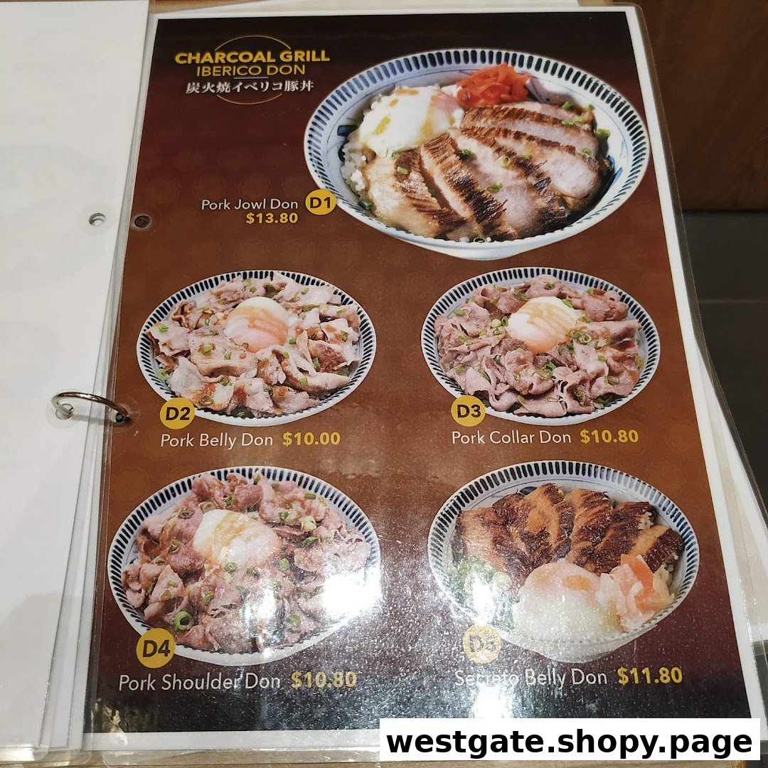 A menu page showcasing various charcoal-grilled Iberico pork donburi bowls with prices.