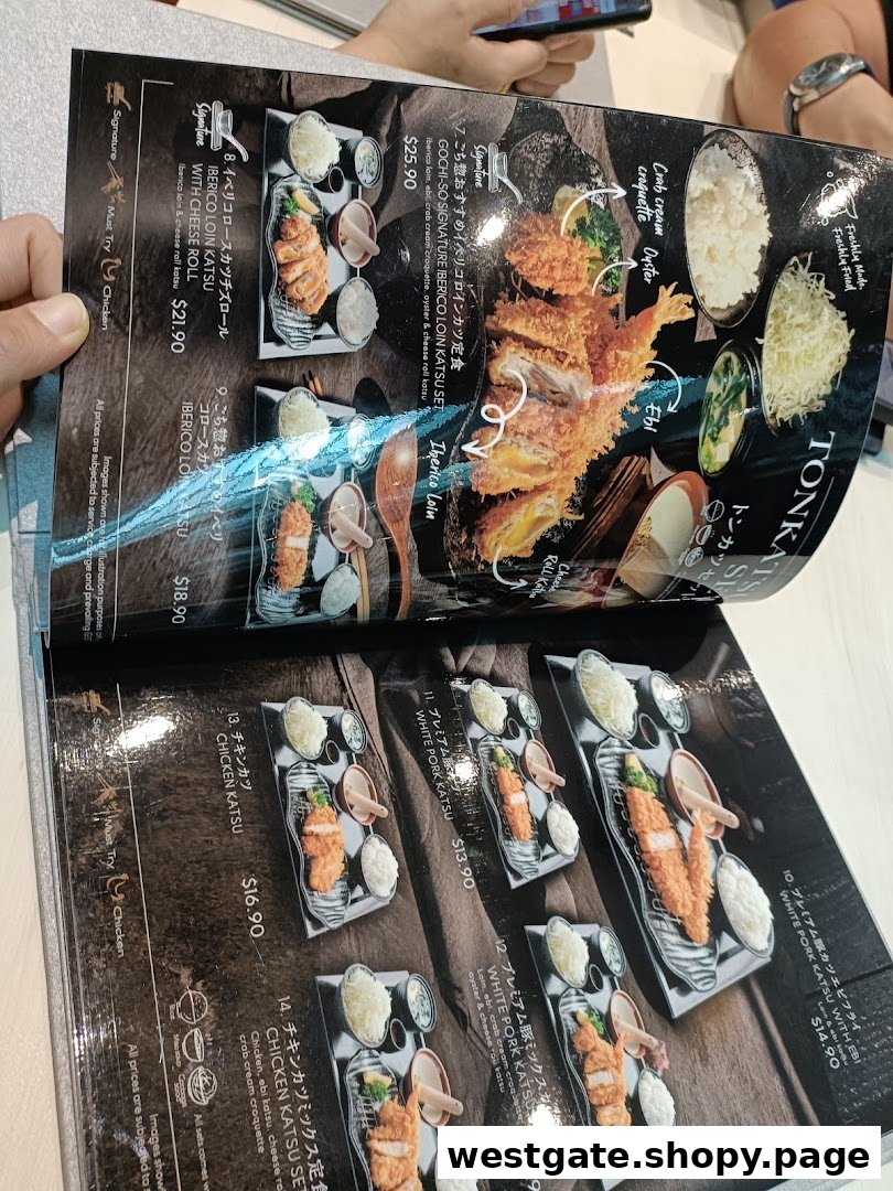 A close-up view of a Japanese restaurant menu featuring various Tonkatsu and Katsu sets.