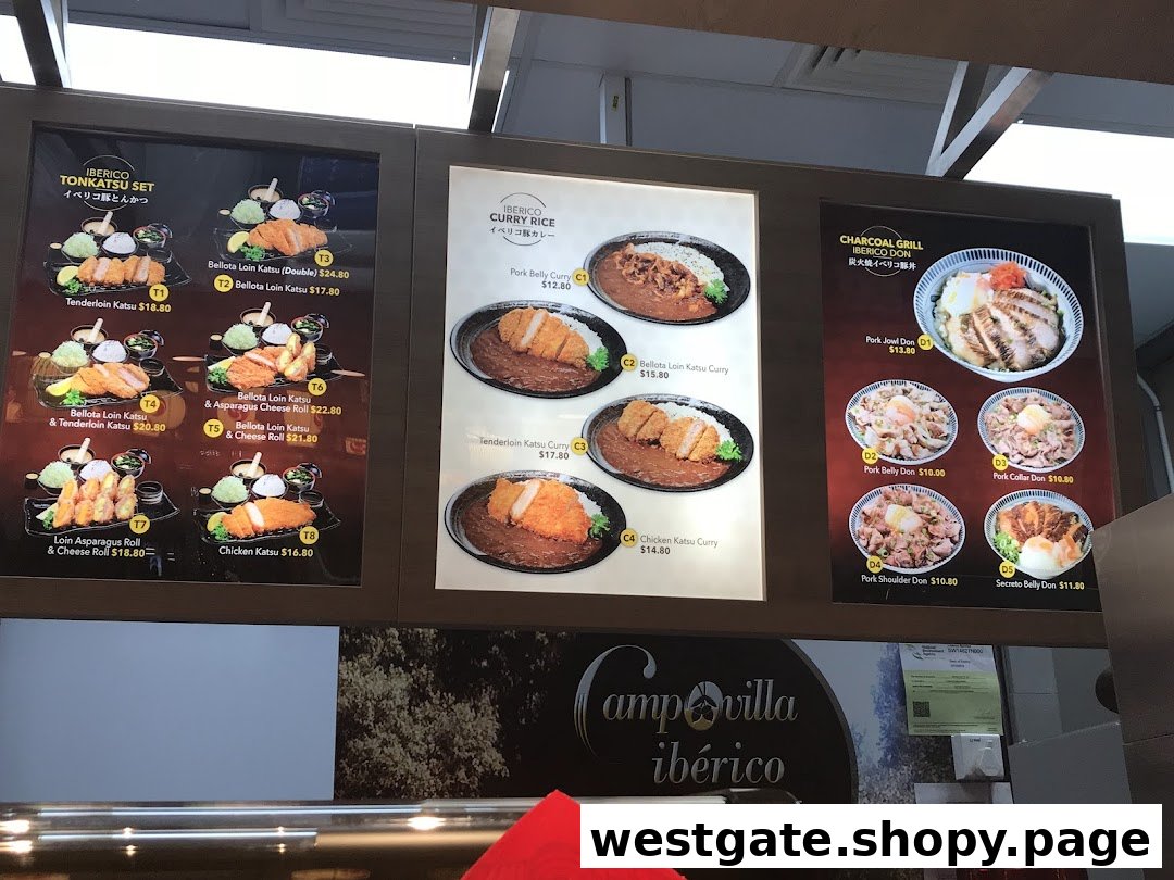 A vibrant display of Japanese menu boards featuring Iberico pork katsu, curry rice, and donburi dishes.