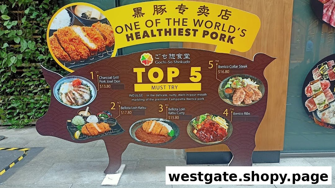 A pig-shaped standee showcasing Gochi-So Shokudo's 'Top 5 Must Try' premium Iberico pork dishes with prices.