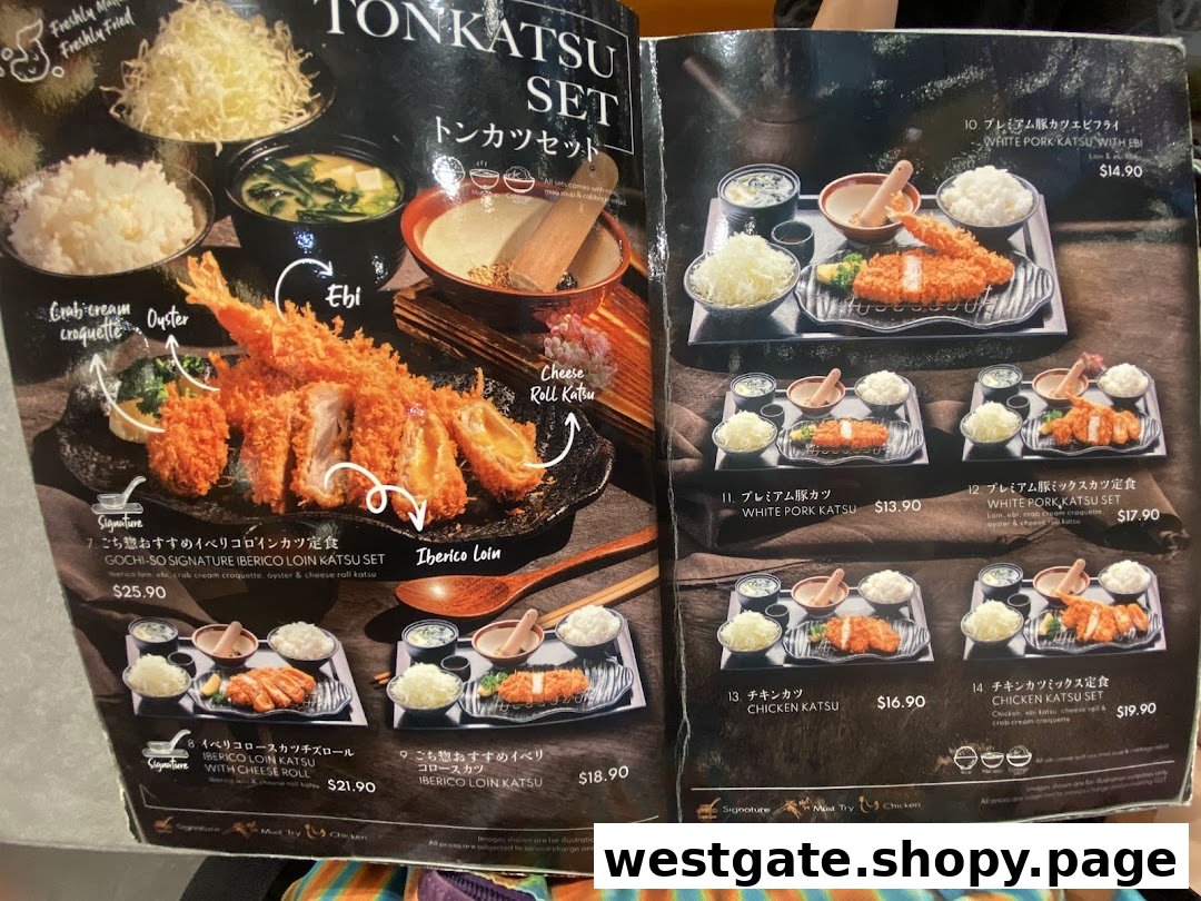 A detailed menu displaying various Tonkatsu sets with images and prices.