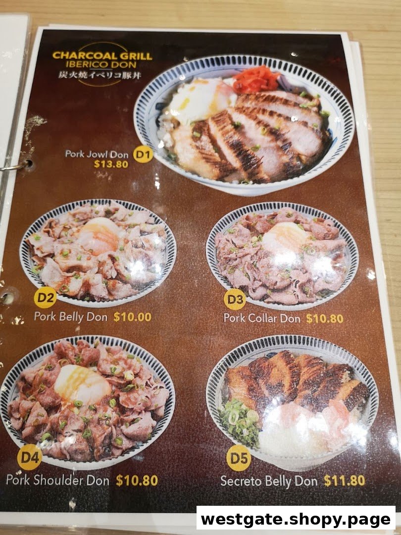 A menu page showcasing various charcoal-grilled Iberico pork donburi dishes with prices.