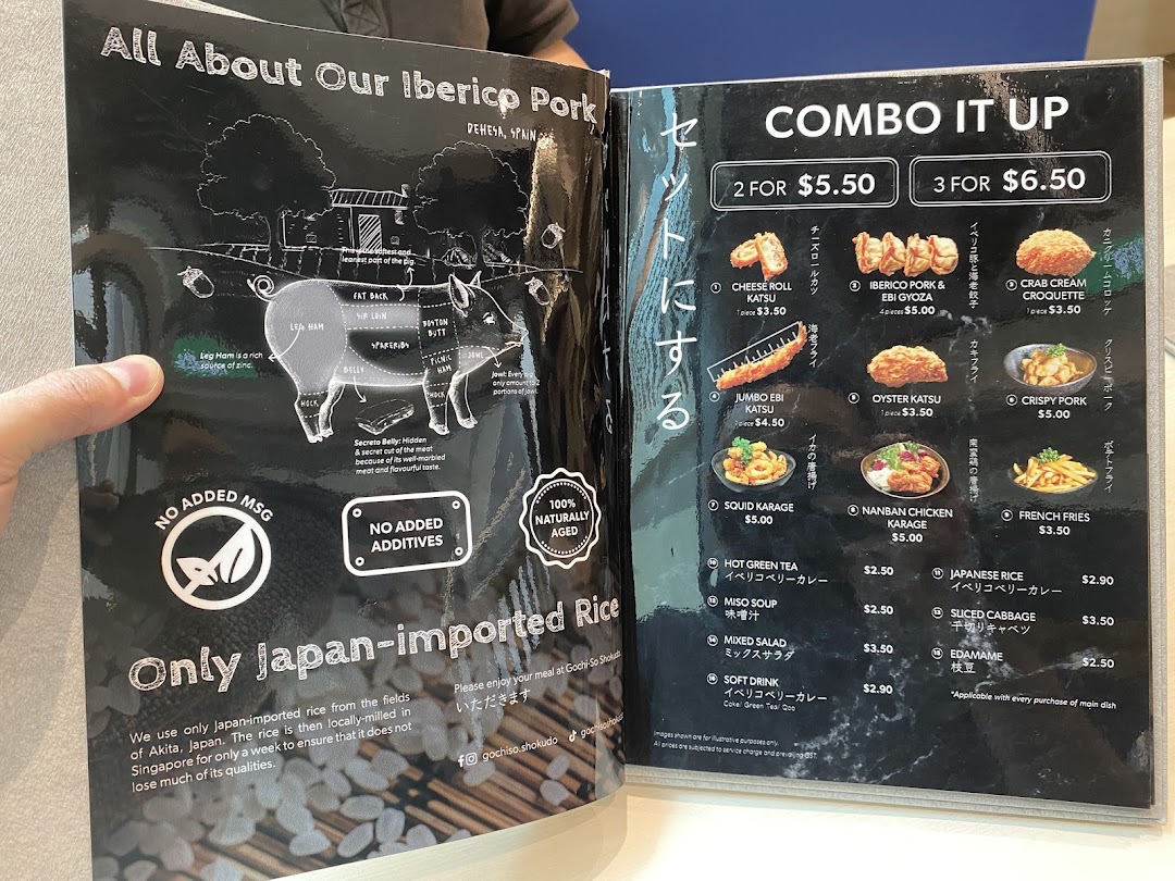 A detailed menu from Gochi-So Shokudo, featuring Iberico pork, Japanese rice, and combo deals.