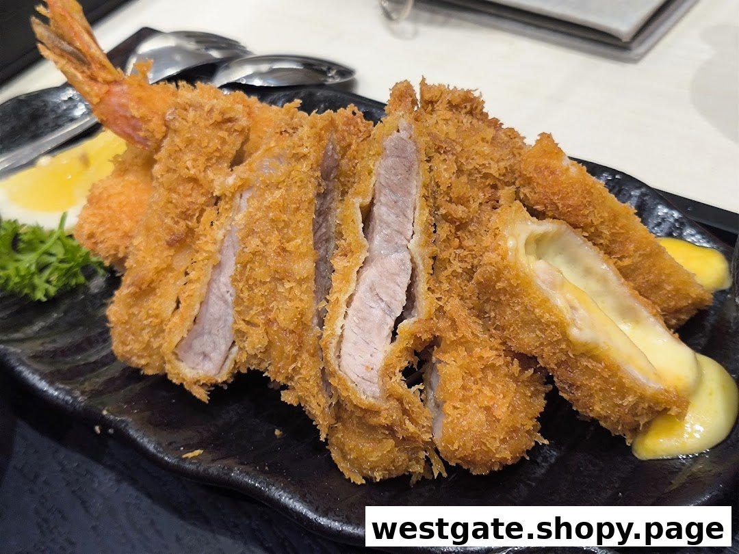 A close-up of crispy fried pork cutlets, shrimp, and cheese-filled katsu served on a black plate.