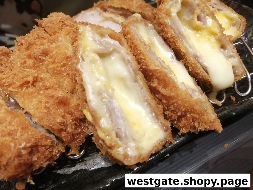 Close-up of crispy, breaded cutlets filled with gooey melted cheese, served on a rack.