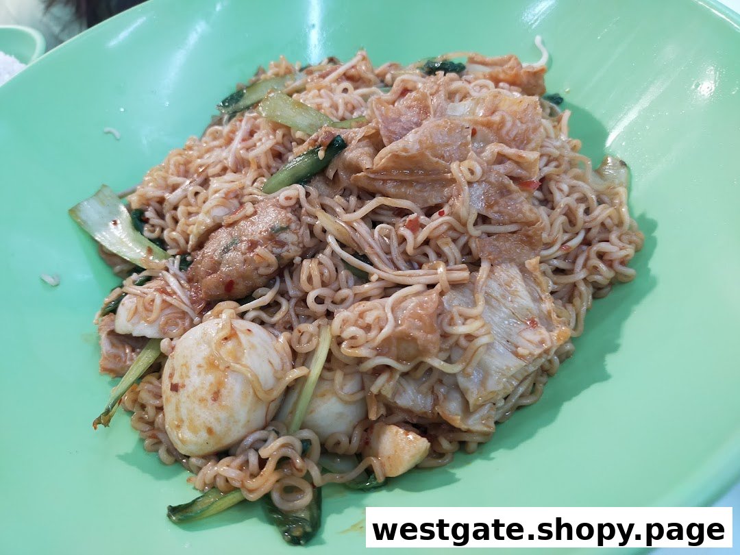 A close-up of a delicious noodle dish with various ingredients served in a vibrant green bowl.