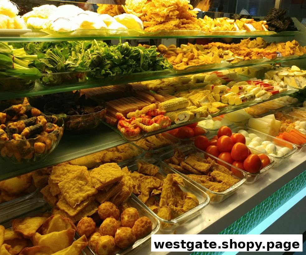 A vibrant display of fresh vegetables, fried snacks, and various ingredients in a multi-tiered food counter.