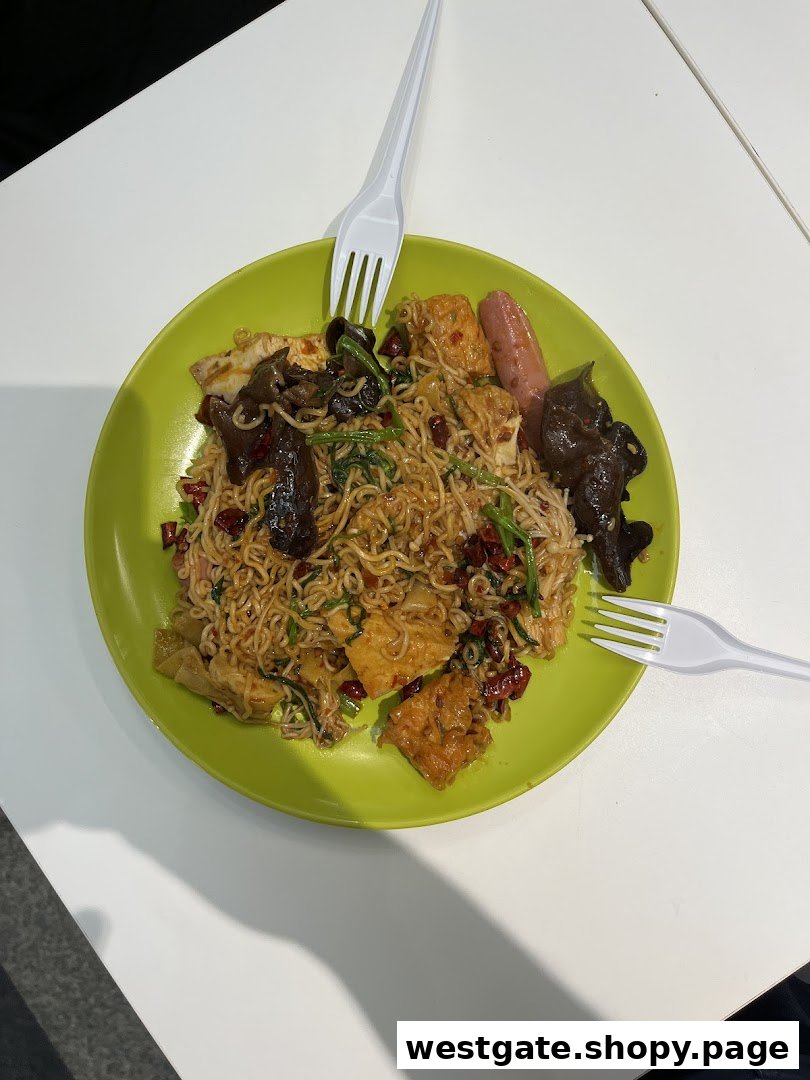 A vibrant plate of spicy noodles with various toppings, including mushrooms, tofu, and sausage, served with plastic forks.