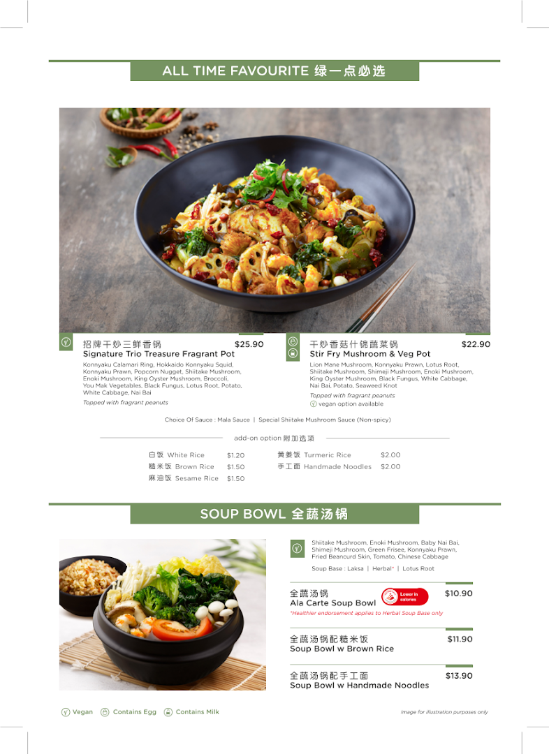 A detailed menu showcasing plant-based fragrant pots, soup bowls, and add-on options with prices.