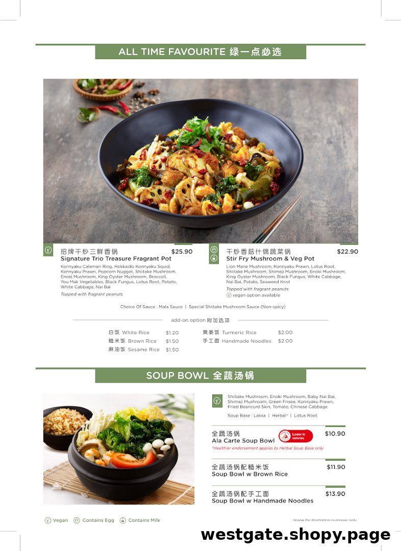 A detailed menu showcasing plant-based fragrant pots, soup bowls, and add-on options with prices.
