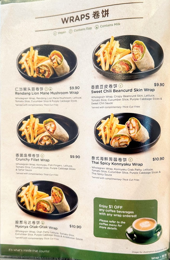 A menu page from Greendot Westgate showcasing a variety of healthy and delicious wraps with descriptions and prices.
