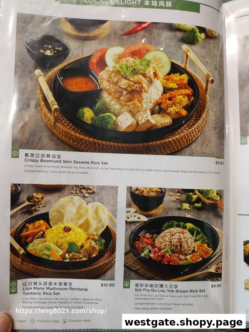 A menu page from Greendot Westgate showcasing three 'Local Delight' plant-based rice sets.
