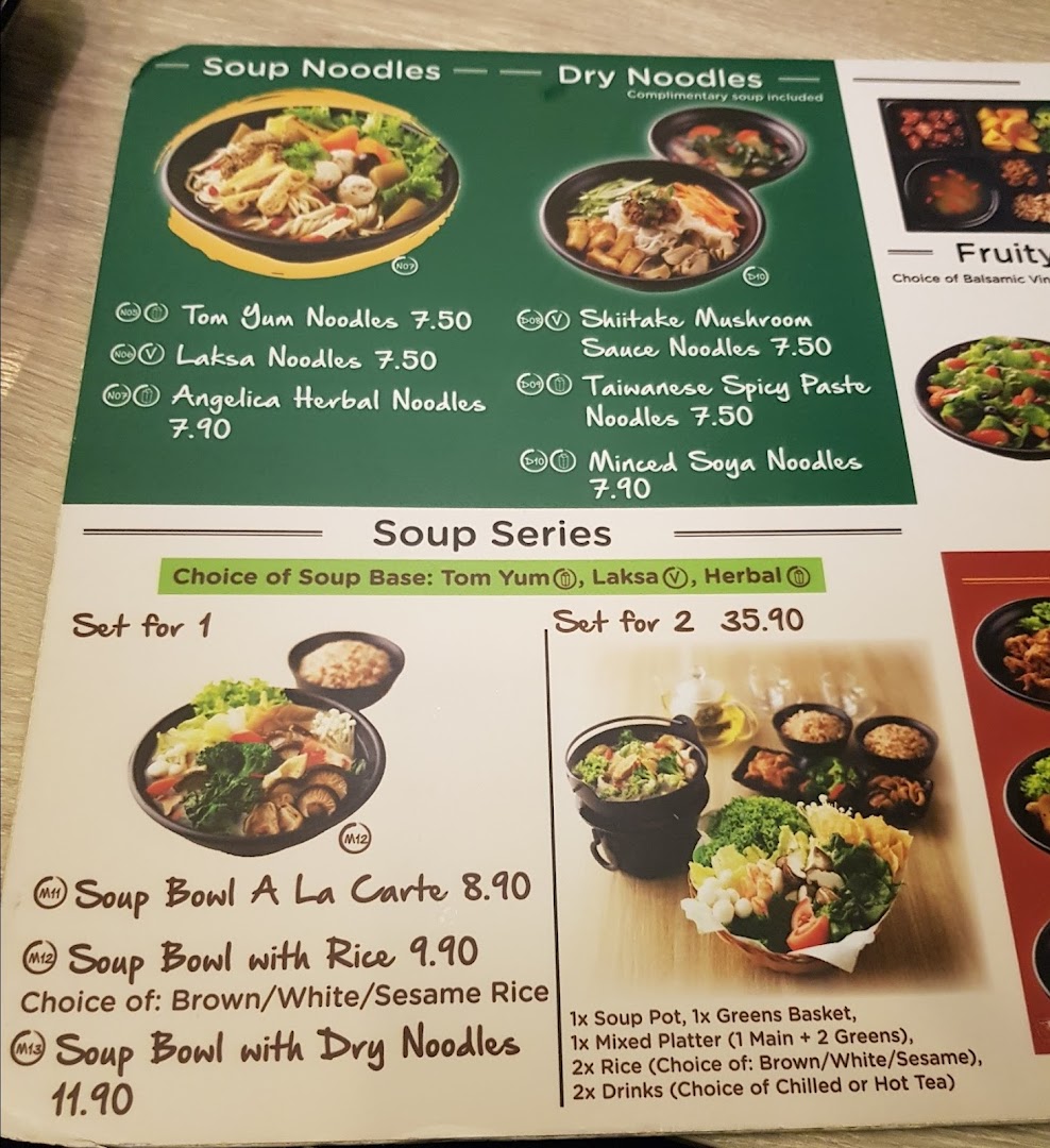 A close-up view of Greendot Westgate's menu, featuring various noodle dishes and soup series options with prices.