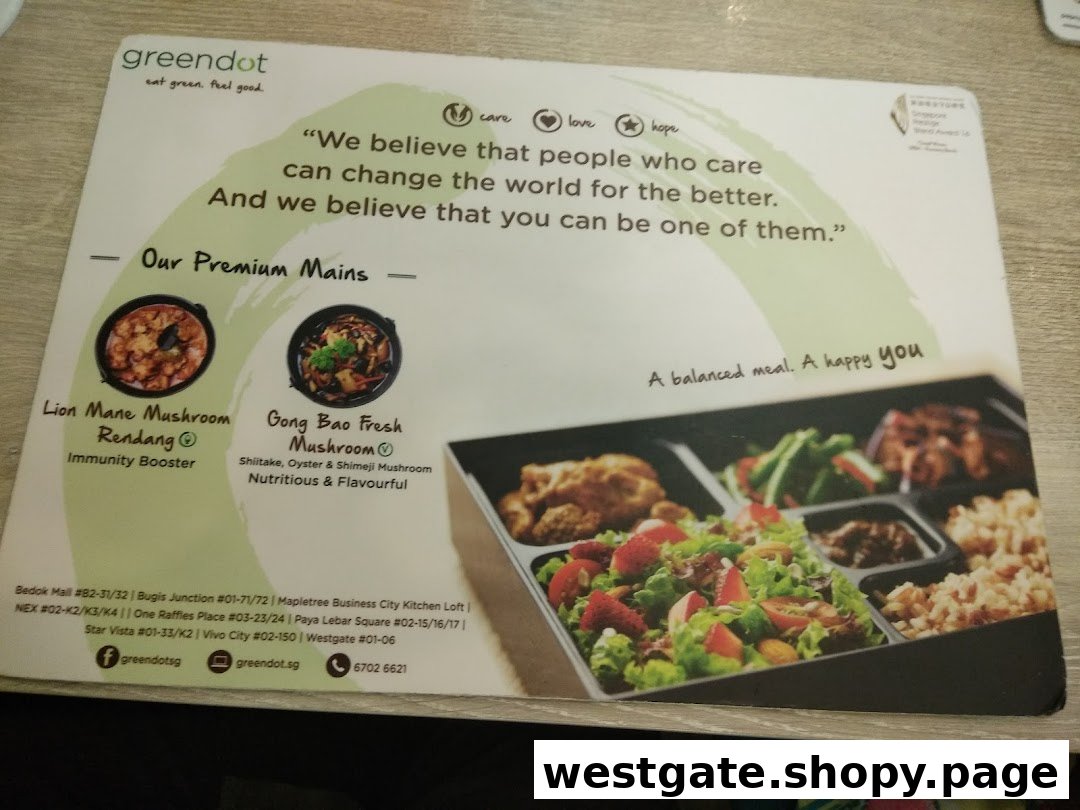 A Greendot menu placemat showcasing premium mushroom mains and the brand's healthy eating philosophy.