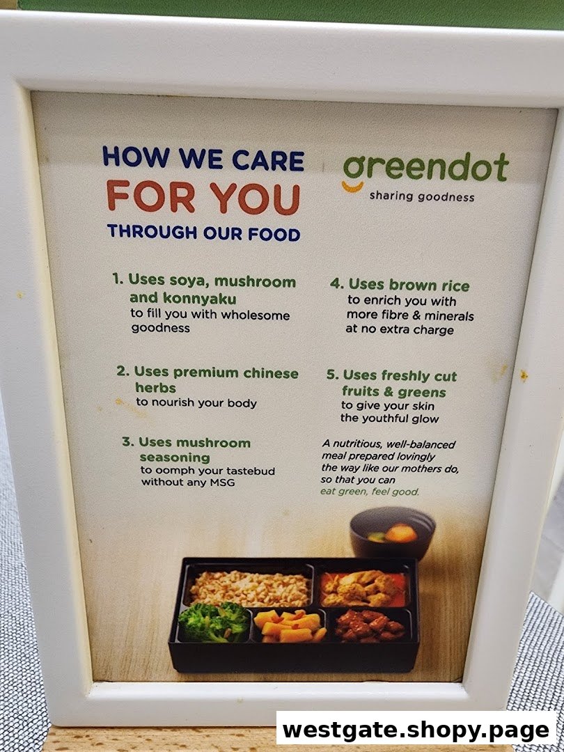 A Greendot sign detailing their healthy food philosophy with an image of a bento box.