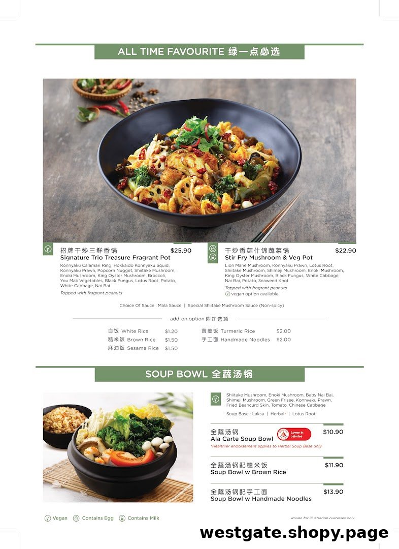 A detailed menu showcasing Greendot's signature fragrant pots, soup bowls, and add-on options.
