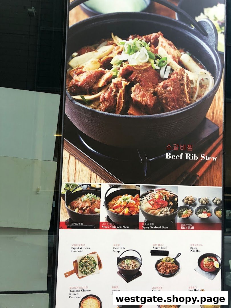 A display board showcasing various Korean dishes with their names and appealing food photography.