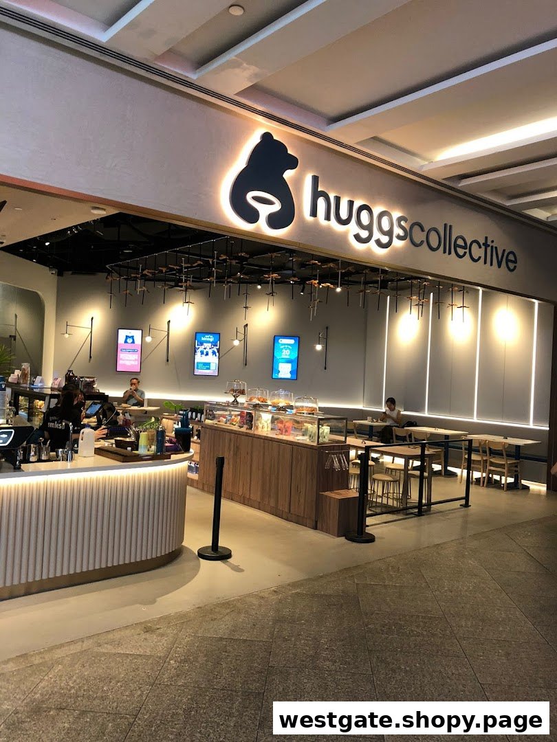 The inviting shopfront of Huggs Collective, featuring its prominent logo, counter, and comfortable seating area.