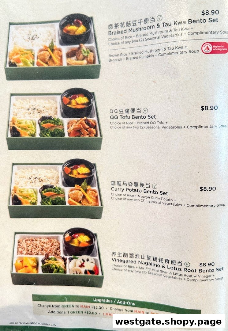 A detailed menu displaying various healthy bento sets with prices and descriptions.