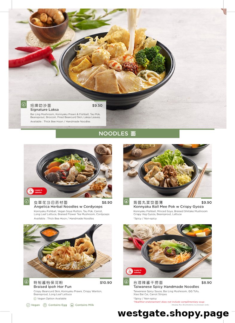A menu page from Greendot Westgate showcasing various noodle dishes with prices and descriptions.