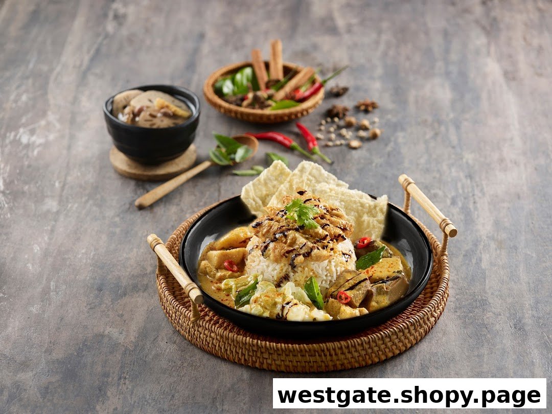 A vibrant plant-based curry dish with rice, crackers, and a side, artfully presented.