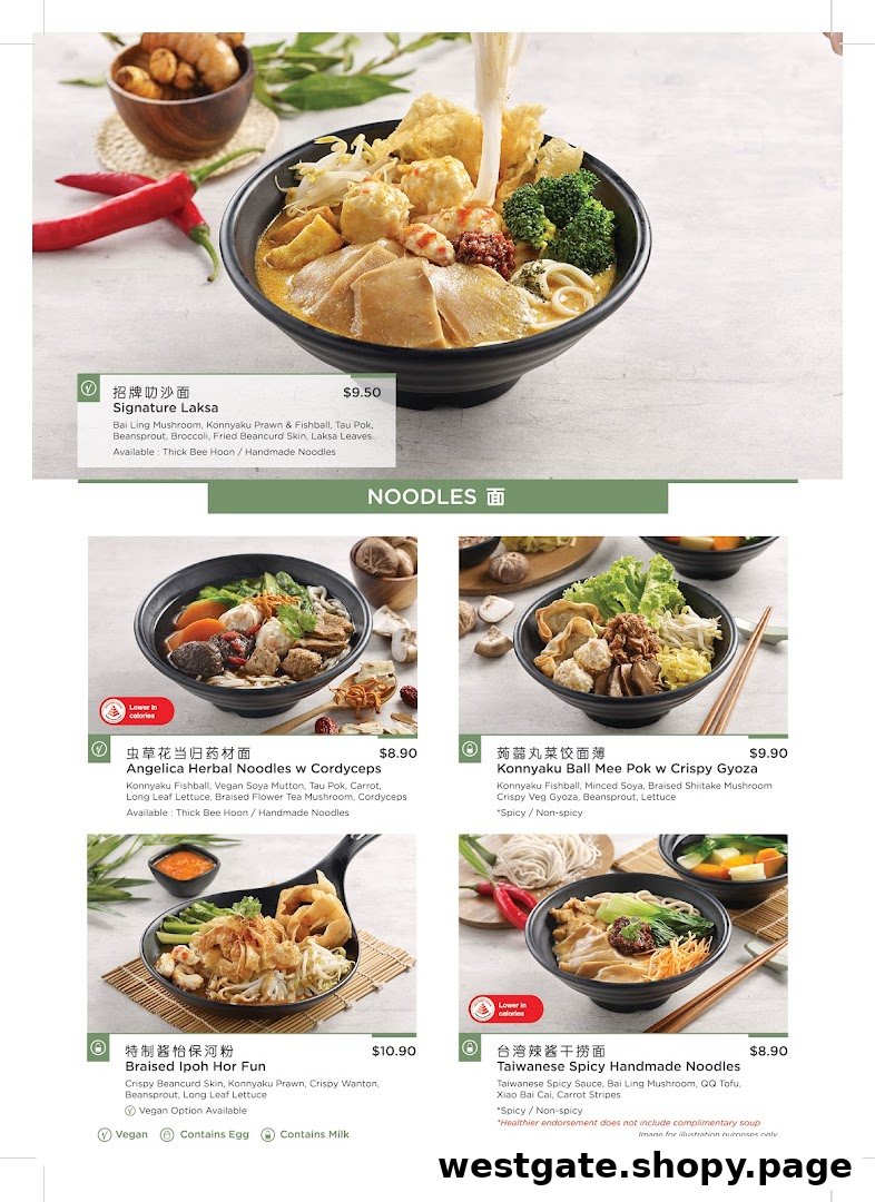A menu page showcasing Greendot's diverse and healthy noodle dishes with prices and ingredients.