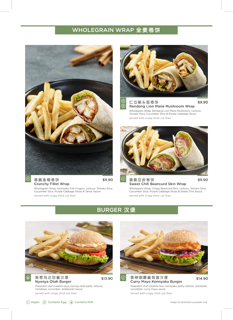 A menu displaying various wholesome wraps and burgers with detailed descriptions and prices.