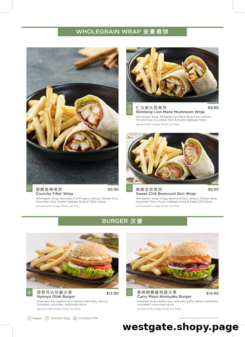 A menu displaying various wholesome wraps and burgers with detailed descriptions and prices.
