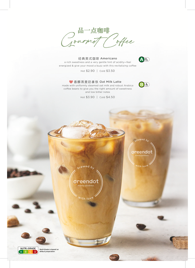 A menu page showcasing Greendot's gourmet coffee options, including Americano and Oat Milk Latte, with prices and descriptions.