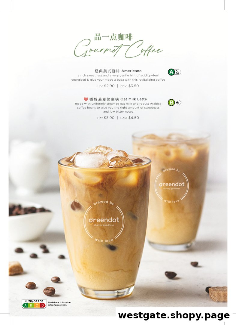 A menu page showcasing Greendot's gourmet coffee options, including Americano and Oat Milk Latte, with prices and descriptions.