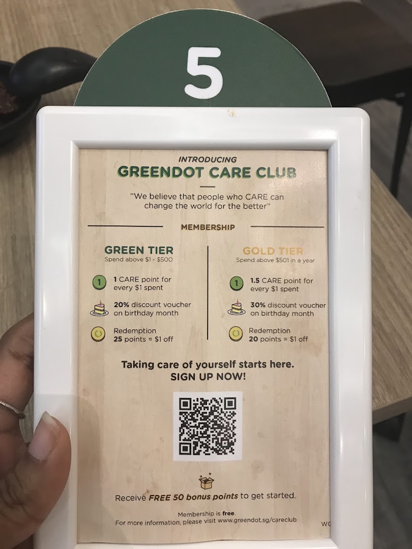 A table-top sign detailing the Greendot Care Club loyalty program with membership tiers and benefits.