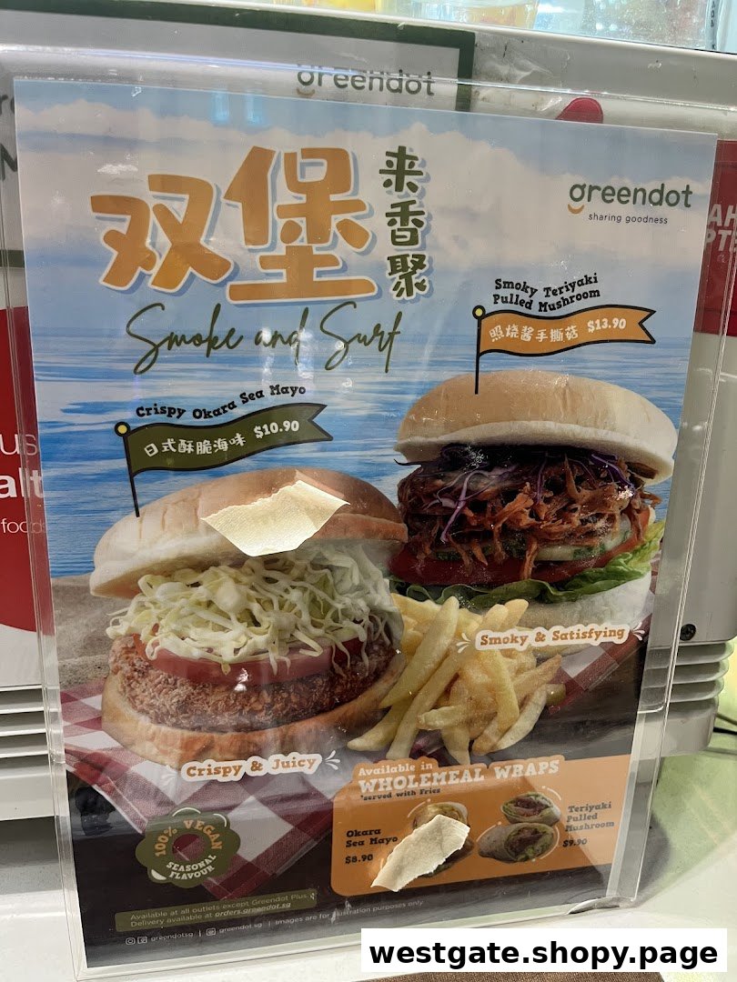 A promotional menu display showcasing Greendot's vegan burgers and wraps.