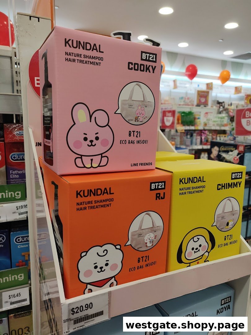 A display of Kundal BT21 Nature Shampoo & Hair Treatment sets featuring popular Line Friends characters.