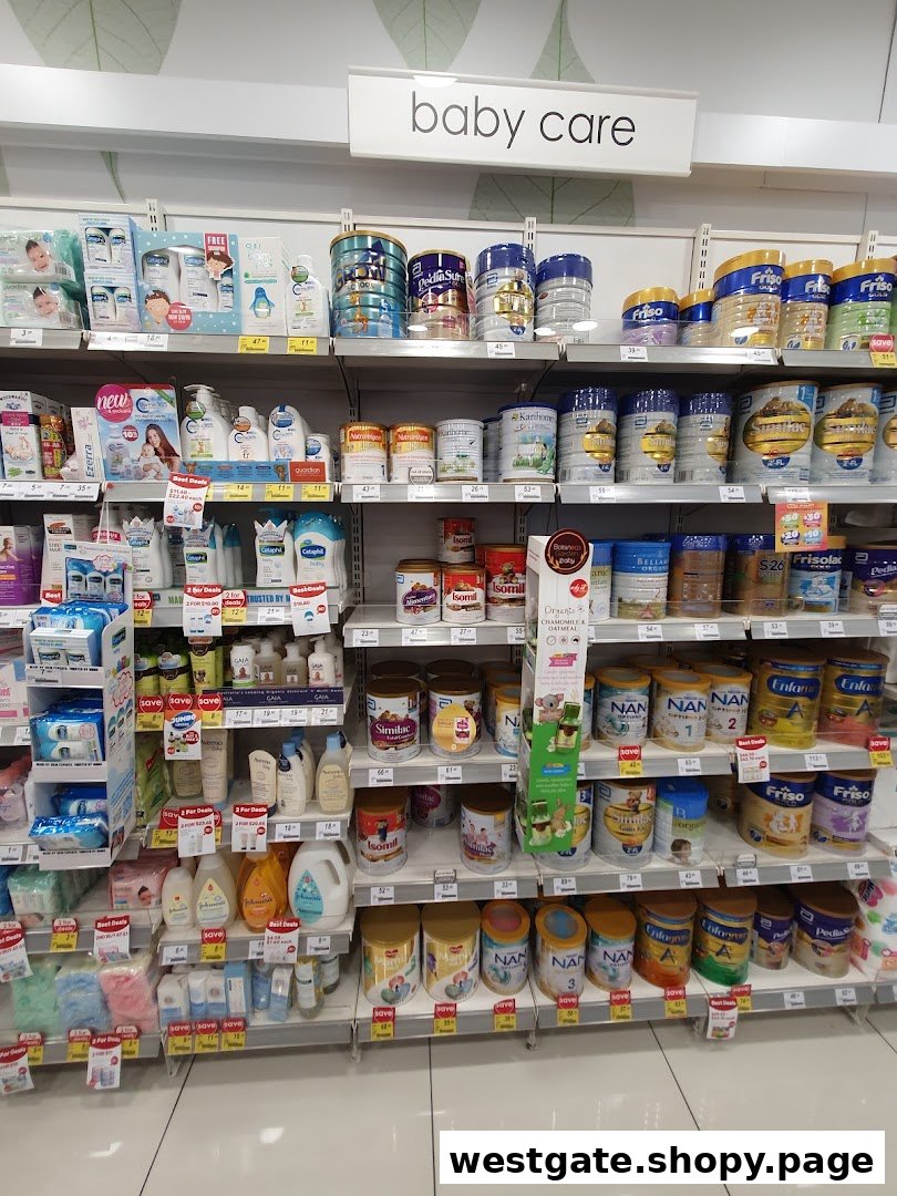 An aisle in Guardian Health & Beauty featuring a wide range of baby care products and infant formula.