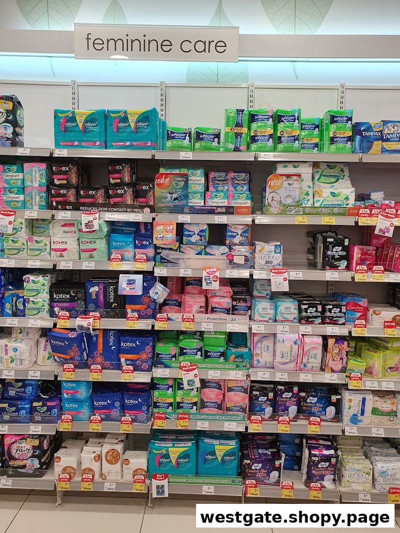 An aisle in Guardian Health & Beauty displaying a wide range of feminine care products.