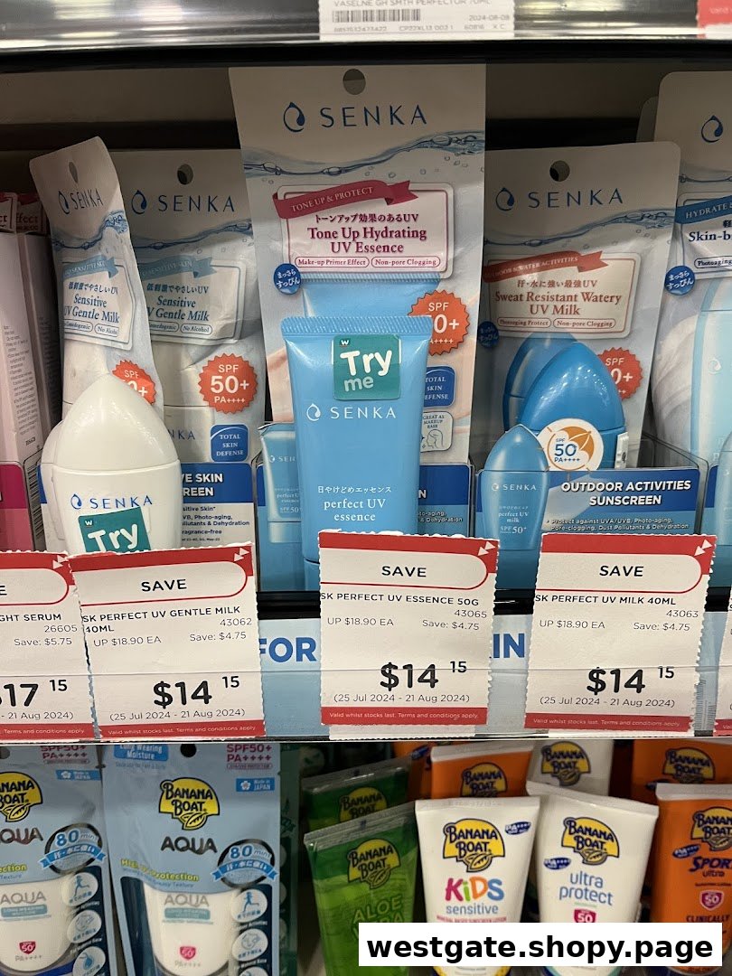 A shelf display featuring various Senka and Banana Boat sunscreens and skincare products with promotional pricing.