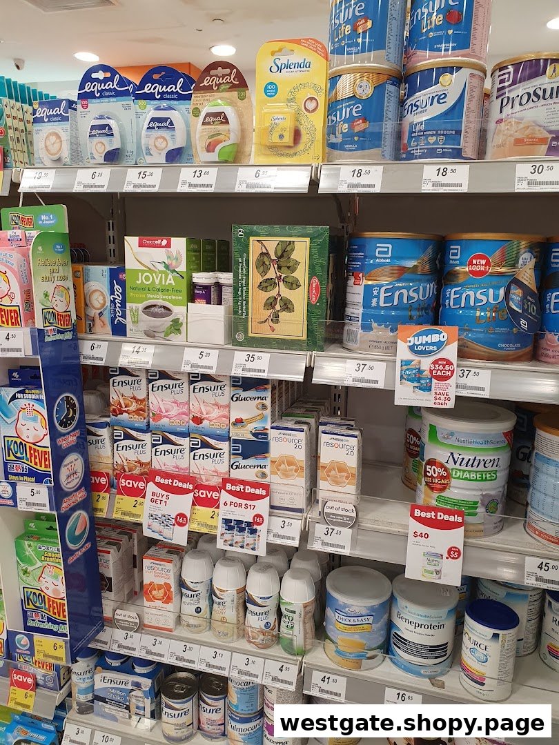 Shelves stocked with various health and wellness products, including nutritional supplements and sweeteners.