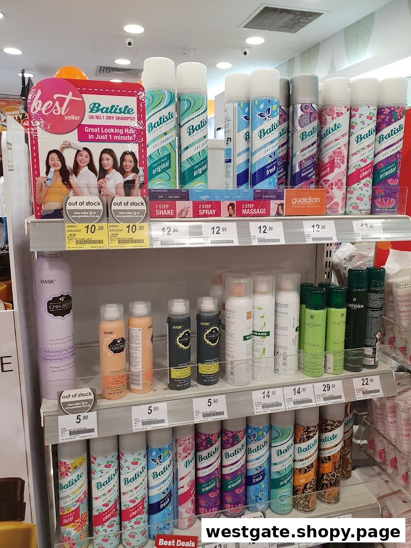 A retail shelf display featuring a wide selection of dry shampoos and hair care products at Guardian Health & Beauty.