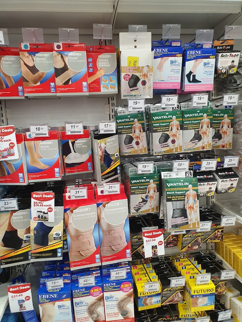 A retail display shelf showcasing various health and beauty support products like braces and bandages.