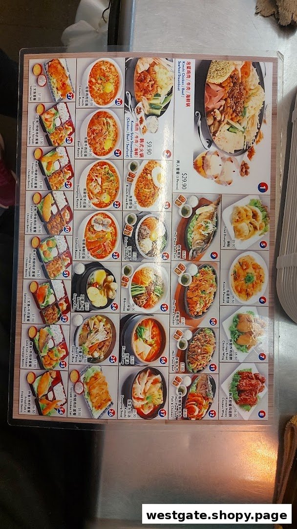 A comprehensive menu from Ha-Jun Westgate showcasing a variety of Korean and Japanese dishes with photos and prices.